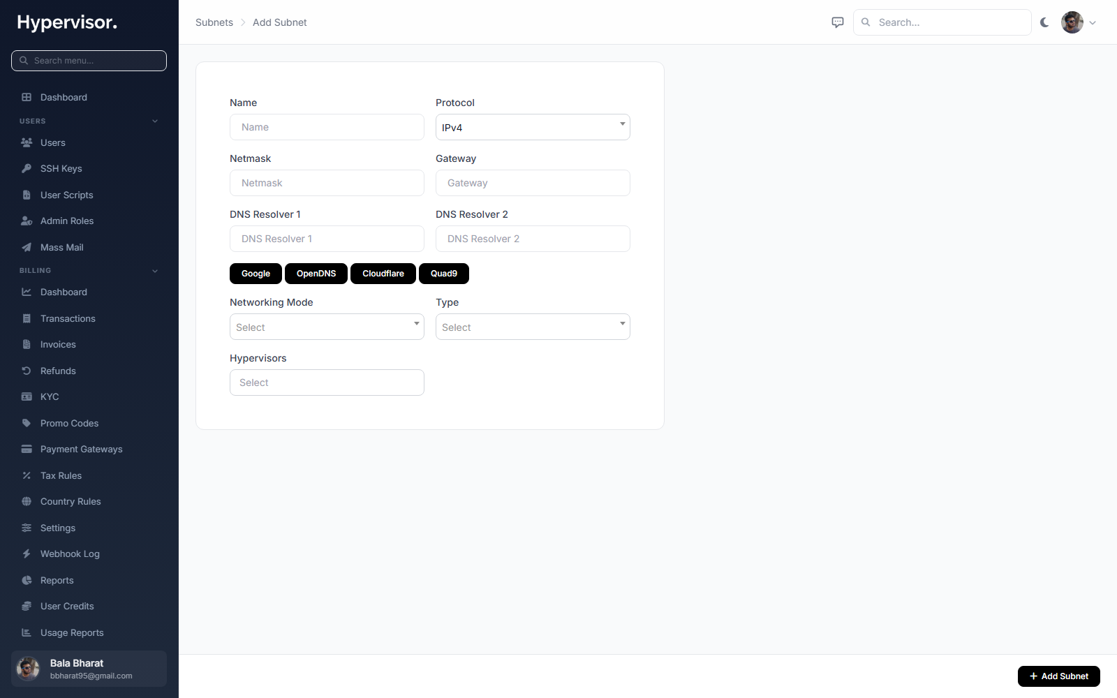 Add subnet form