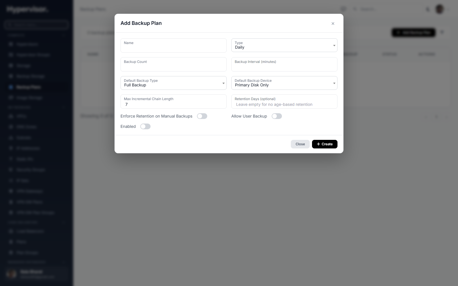 Create backup plan form