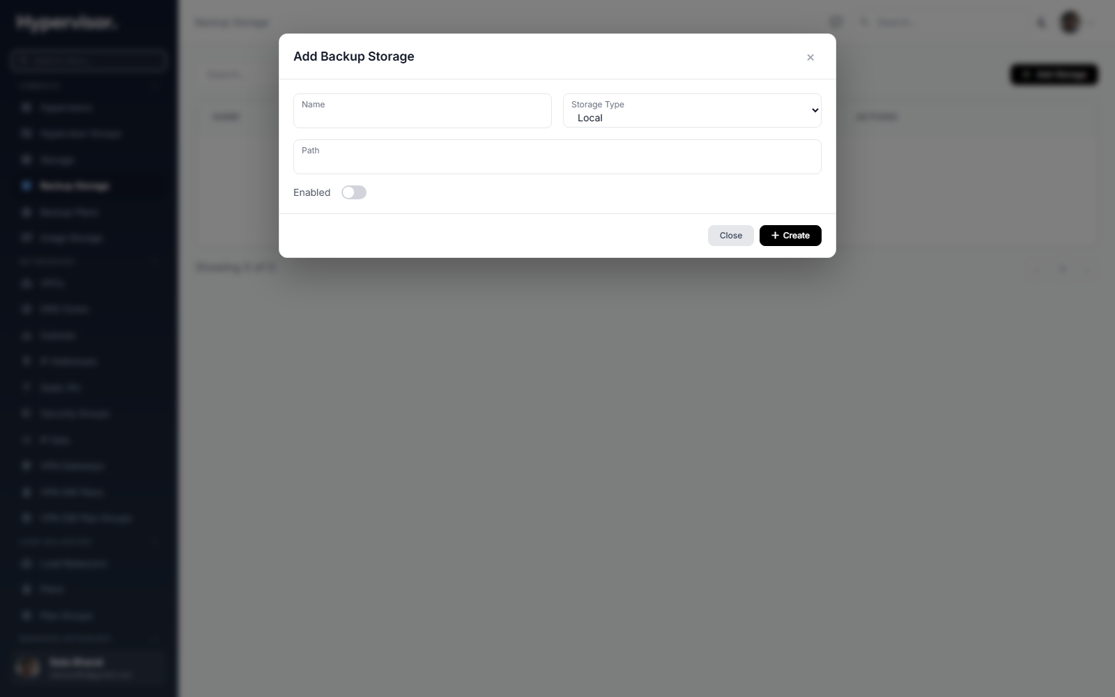 Create backup storage form