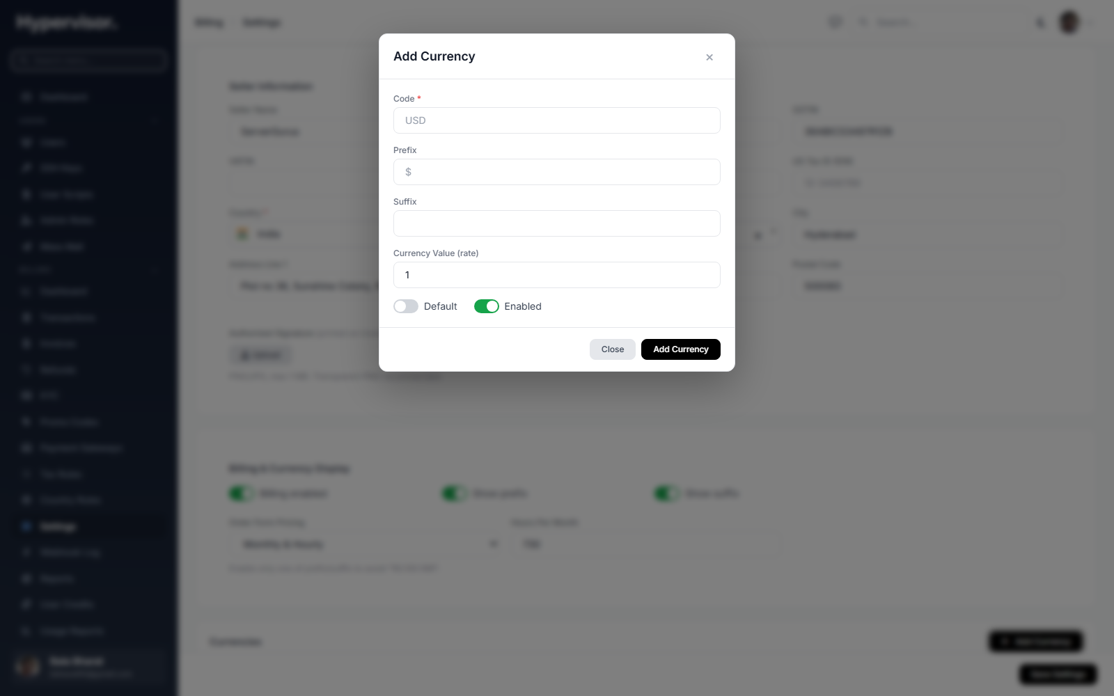 Add Currency modal in Billing Settings