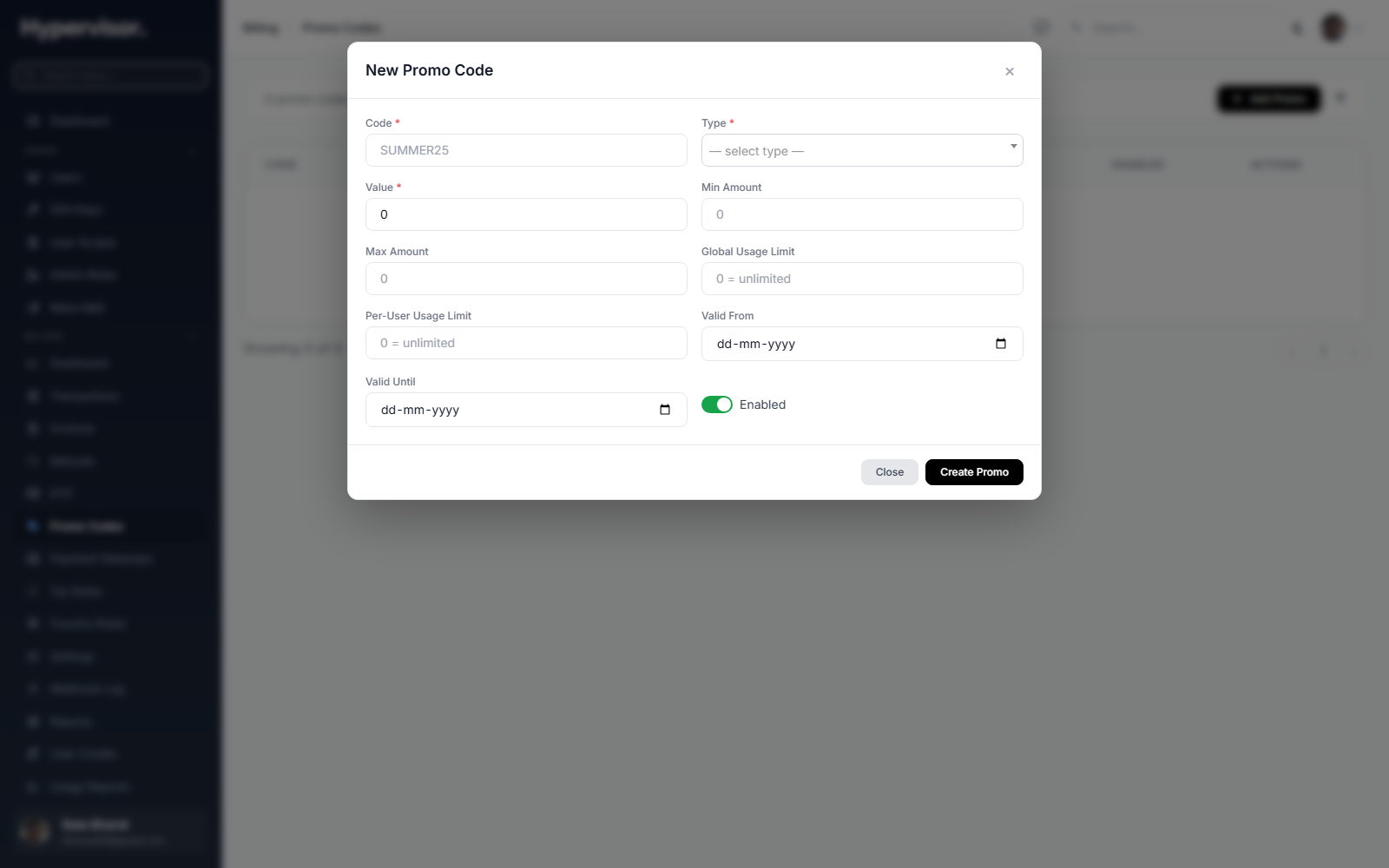 Create promotional code form