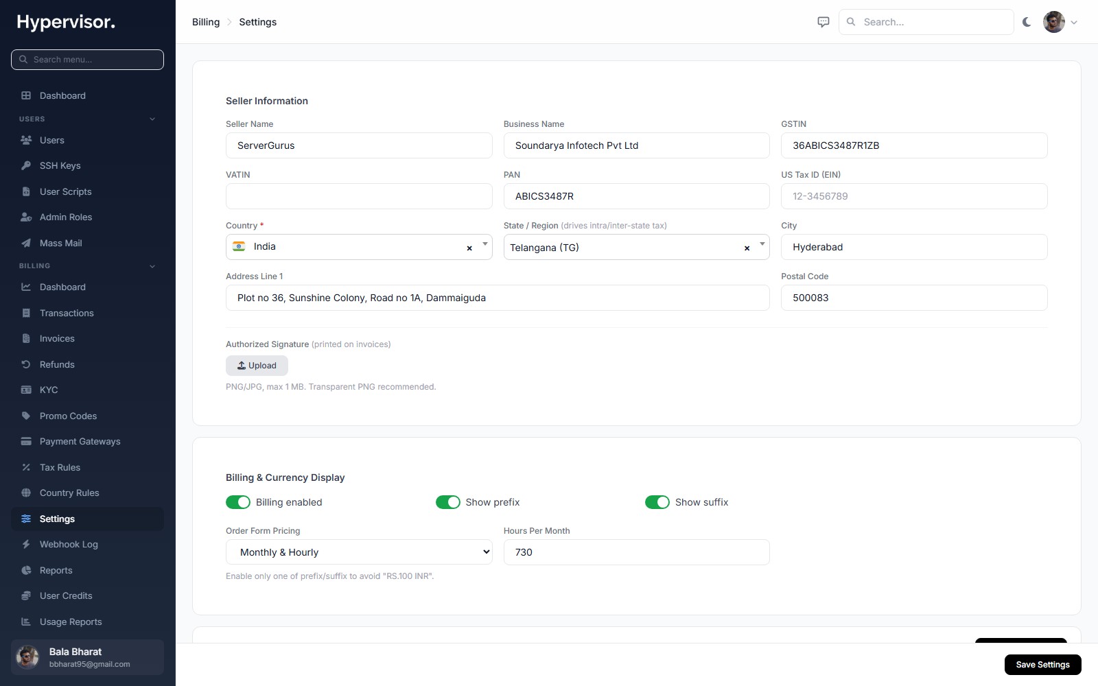 Billing settings