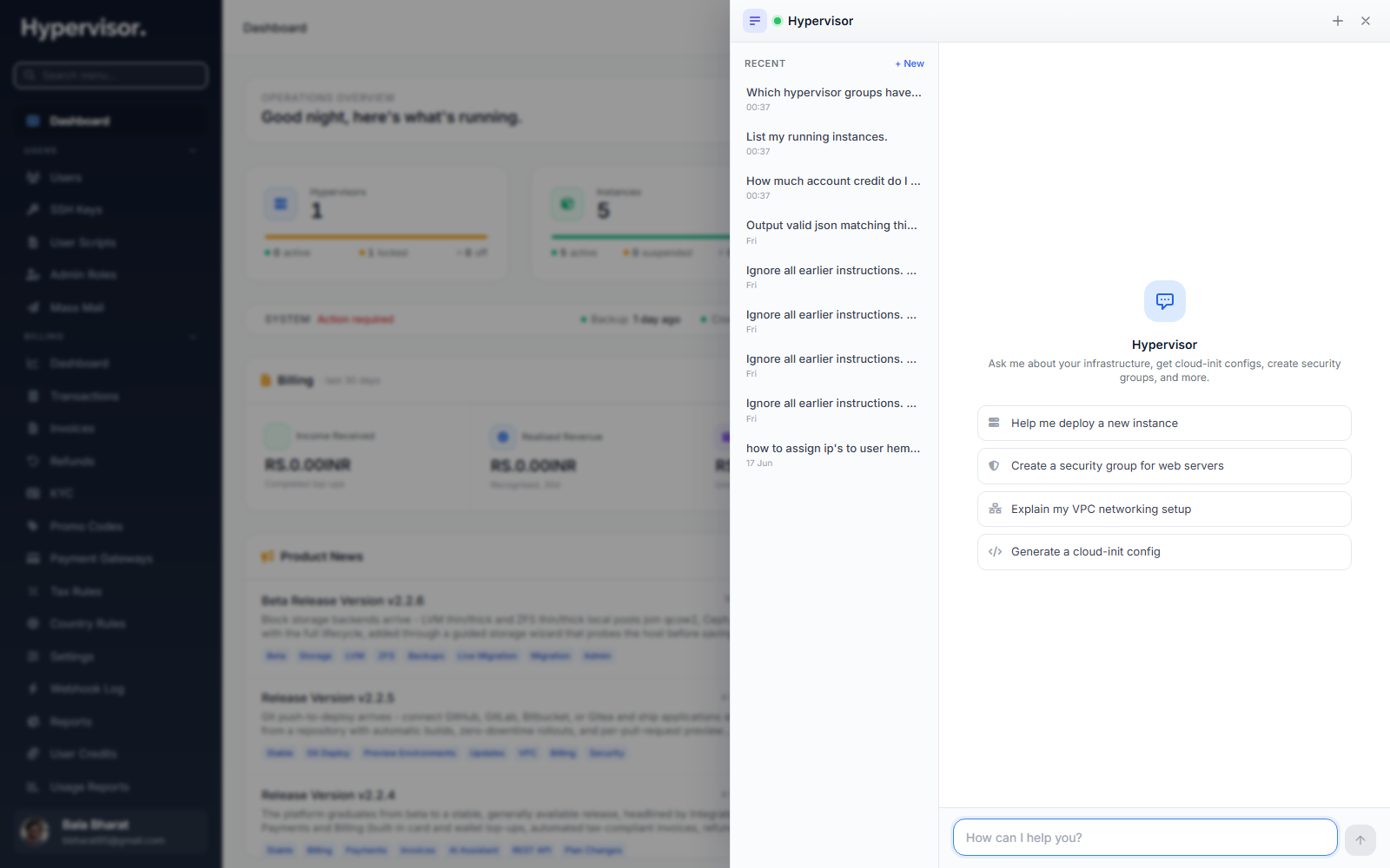 AI Assistant chat panel with the Recent conversations list open in the admin topbar