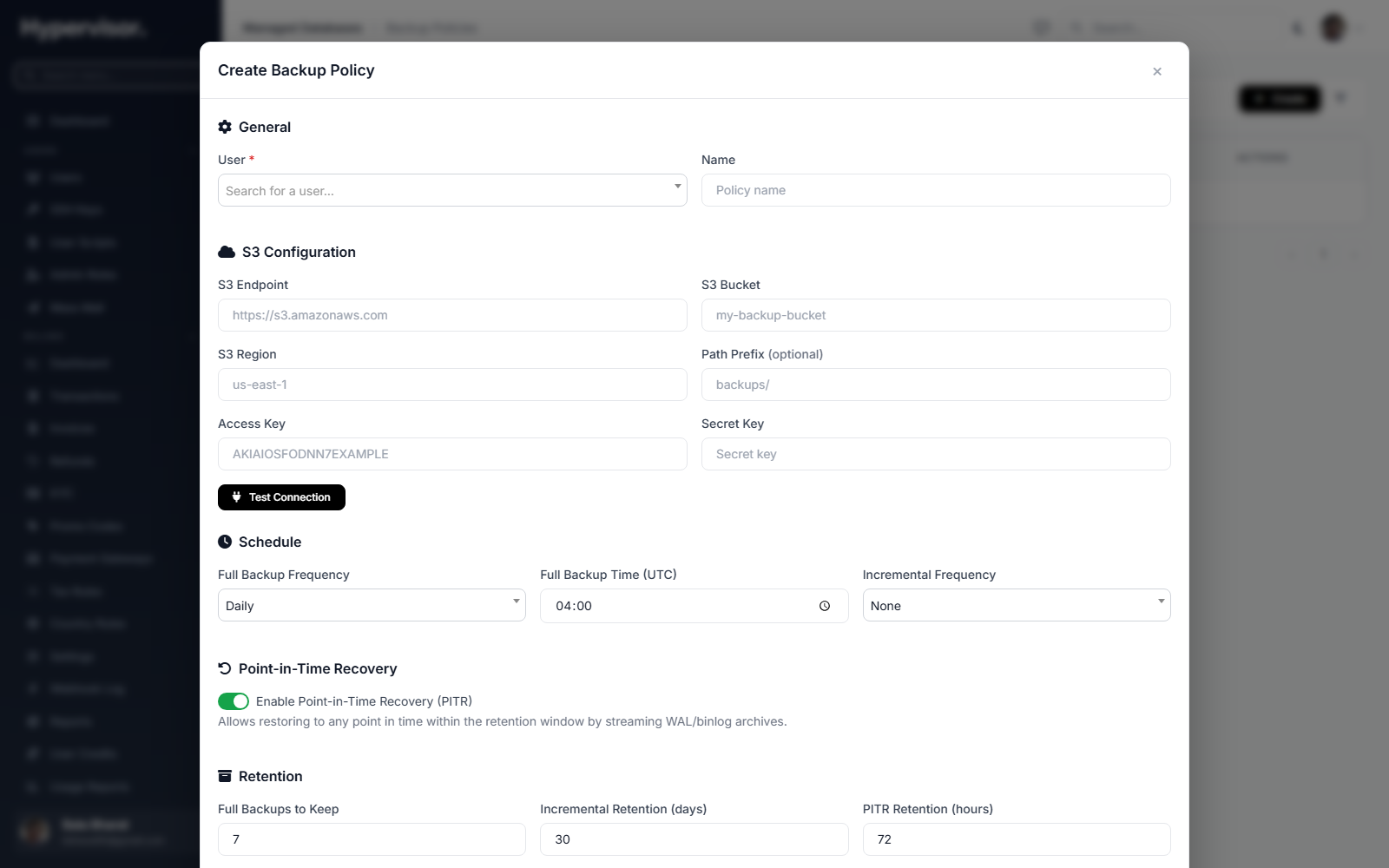Create database backup policy form