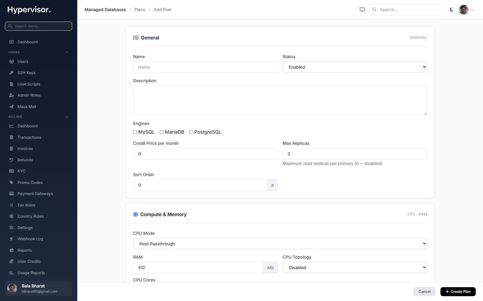 Create database plan form