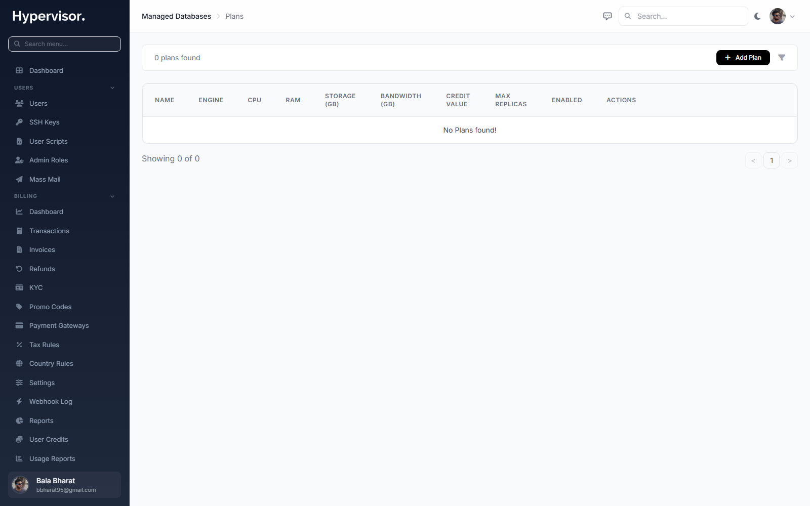 Admin Database Plans page