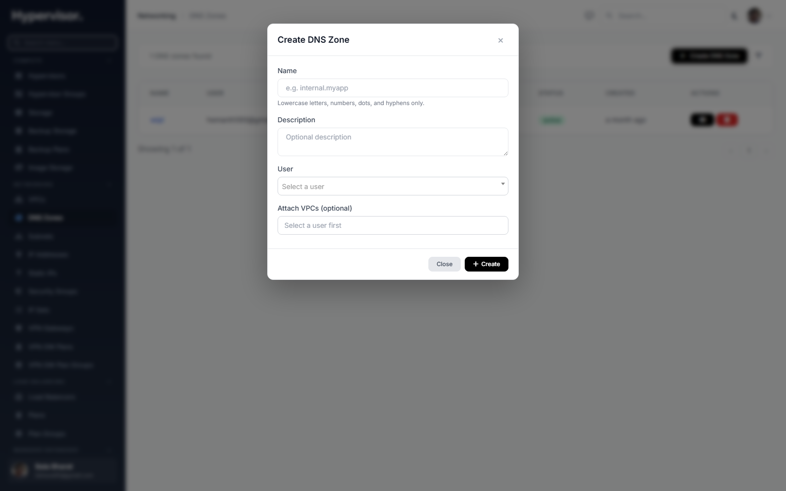 Create DNS zone form