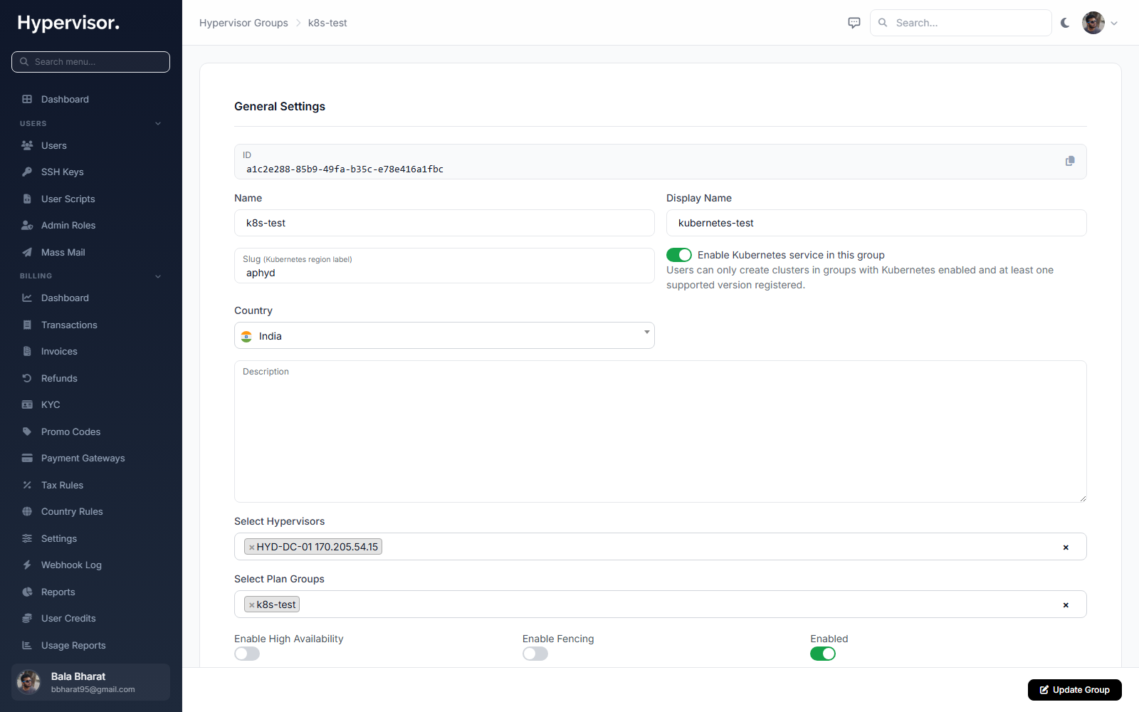 Hypervisor group edit page with the HA Enabled toggle