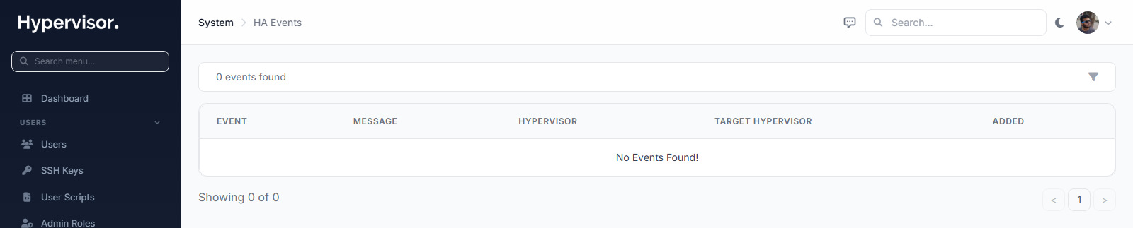 HA events log in admin panel