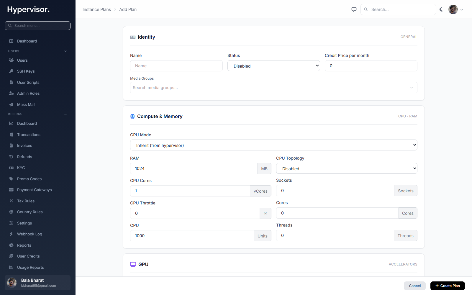 Create instance plan form