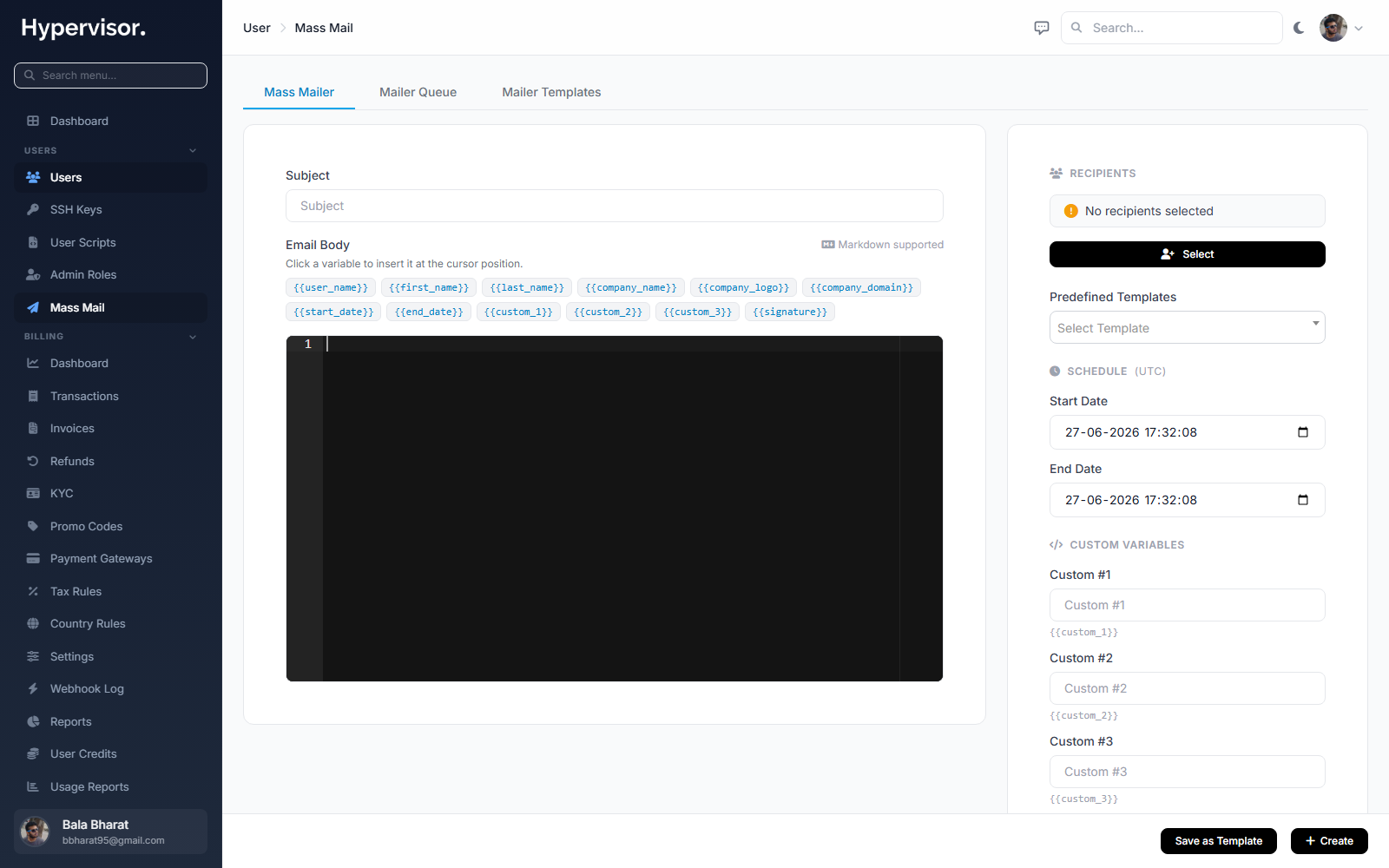 Mass Mail compose page