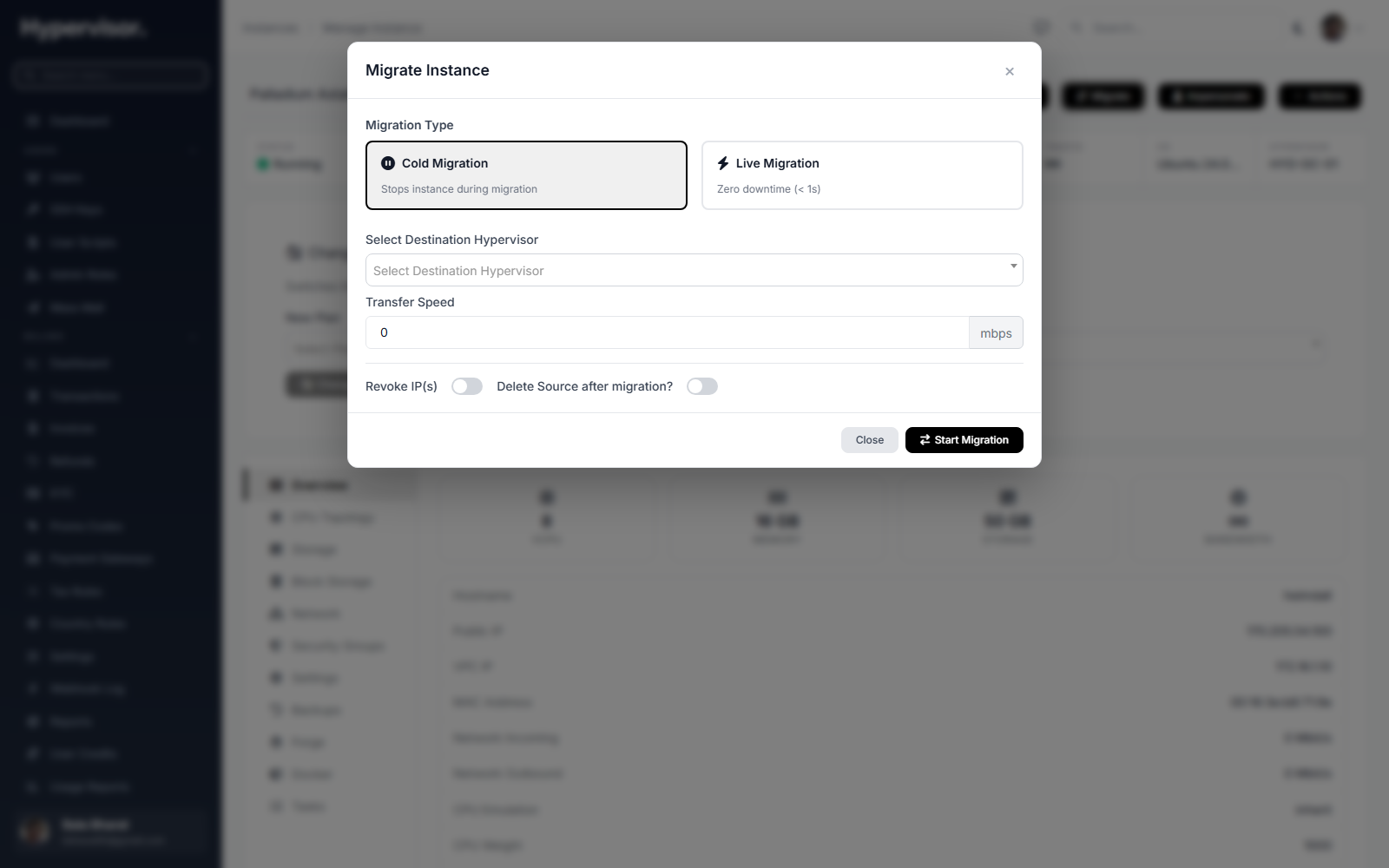 Migrate Instance dialog