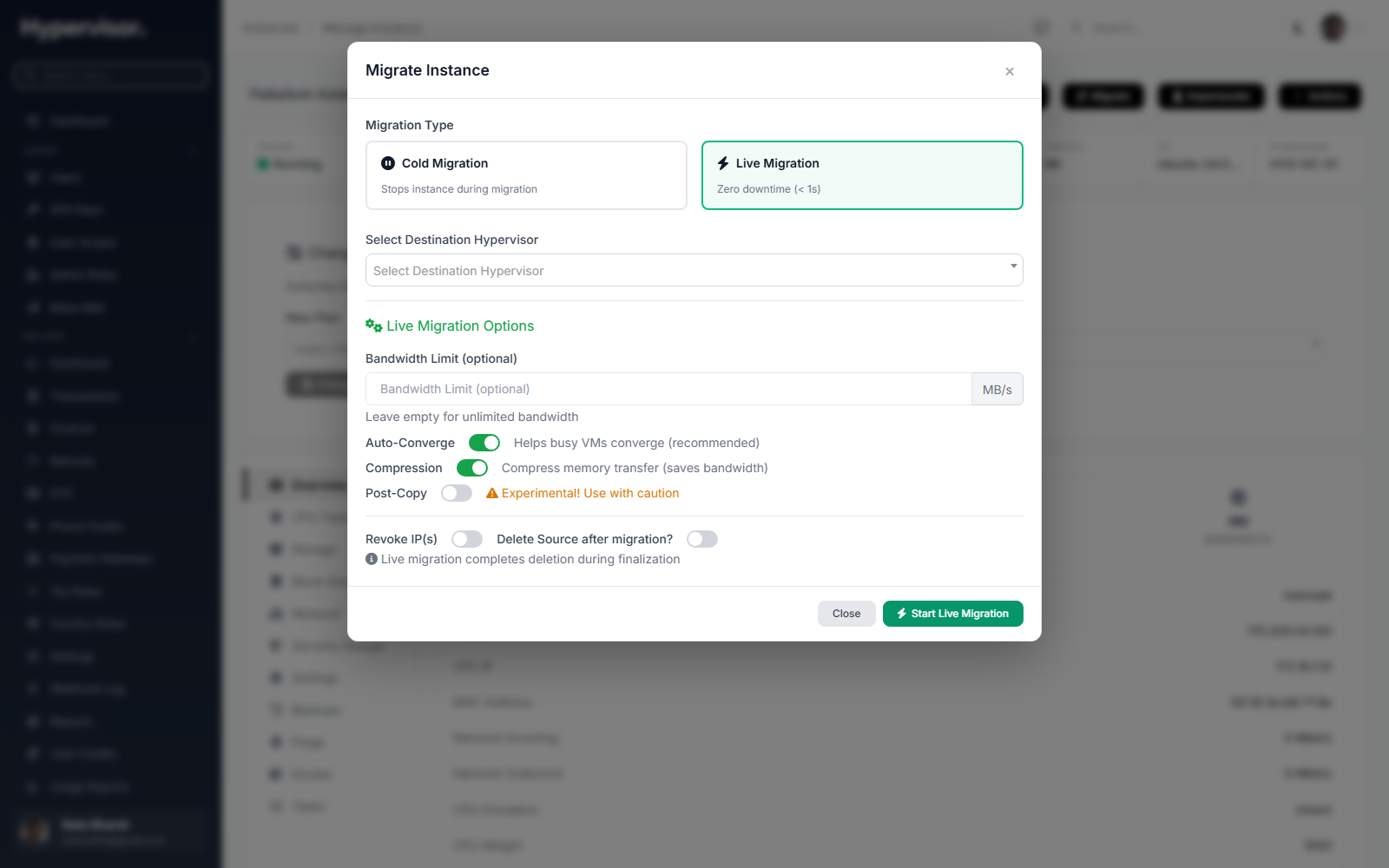 Migrate Instance dialog with Live Migration selected