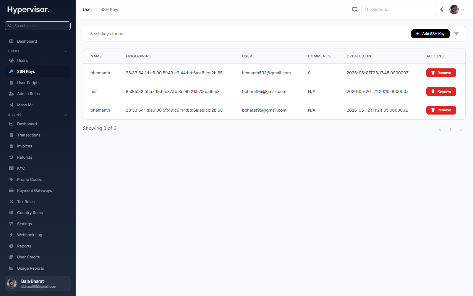 Admin SSH Keys list