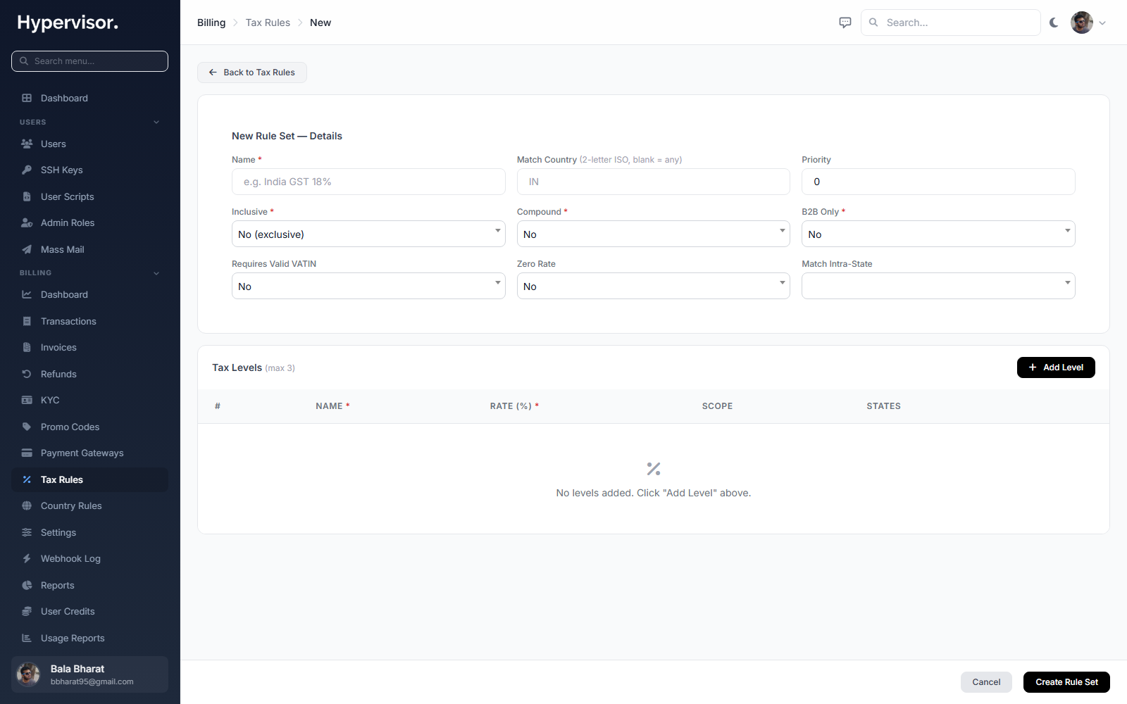 Create tax rule form