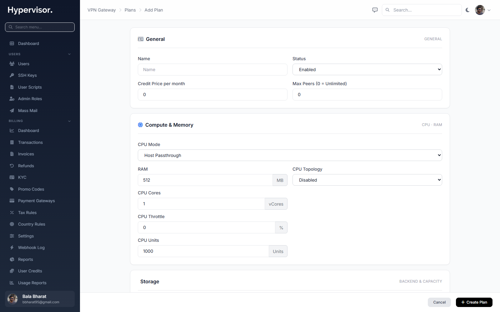 Create VPN gateway plan form