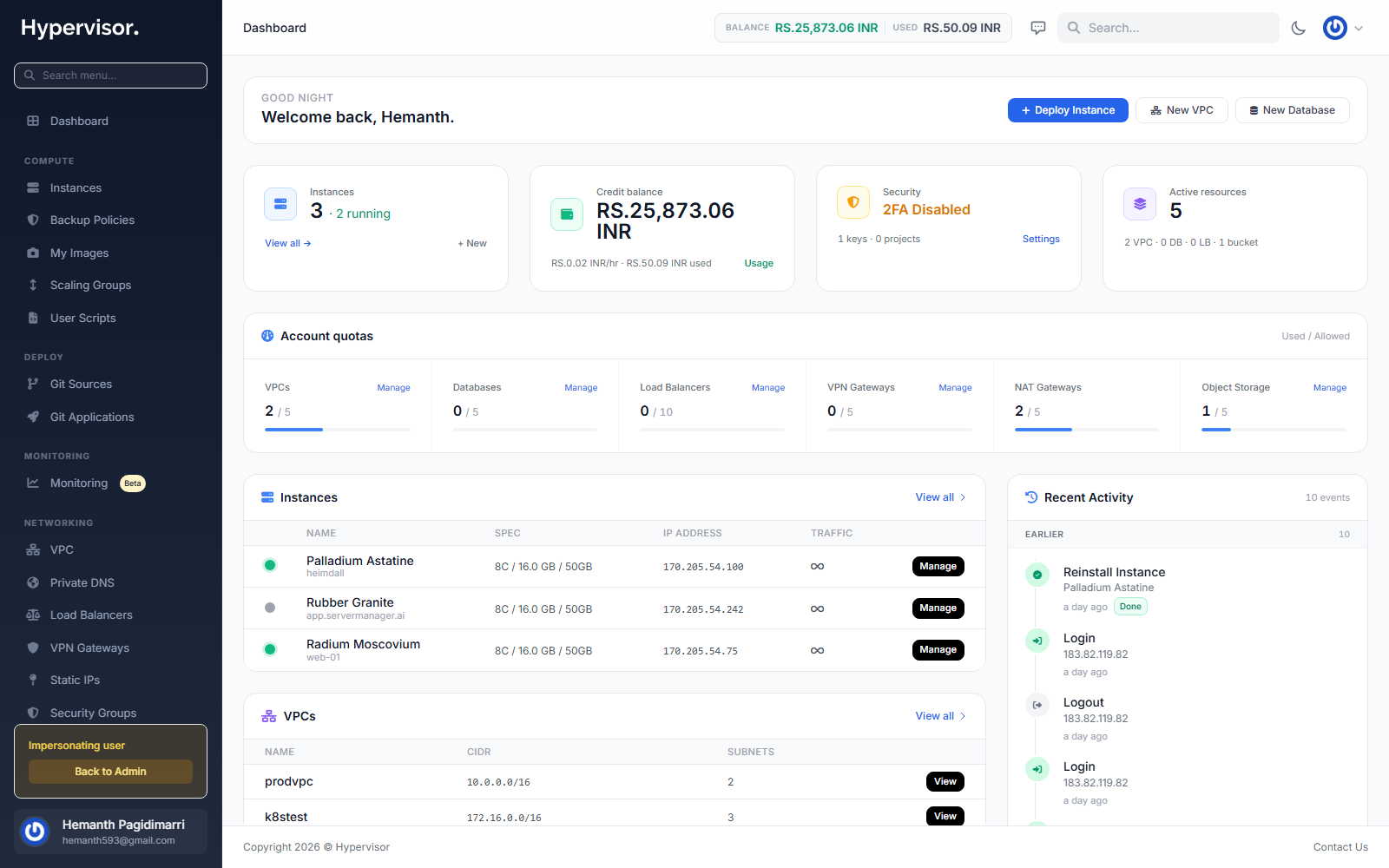 User dashboard