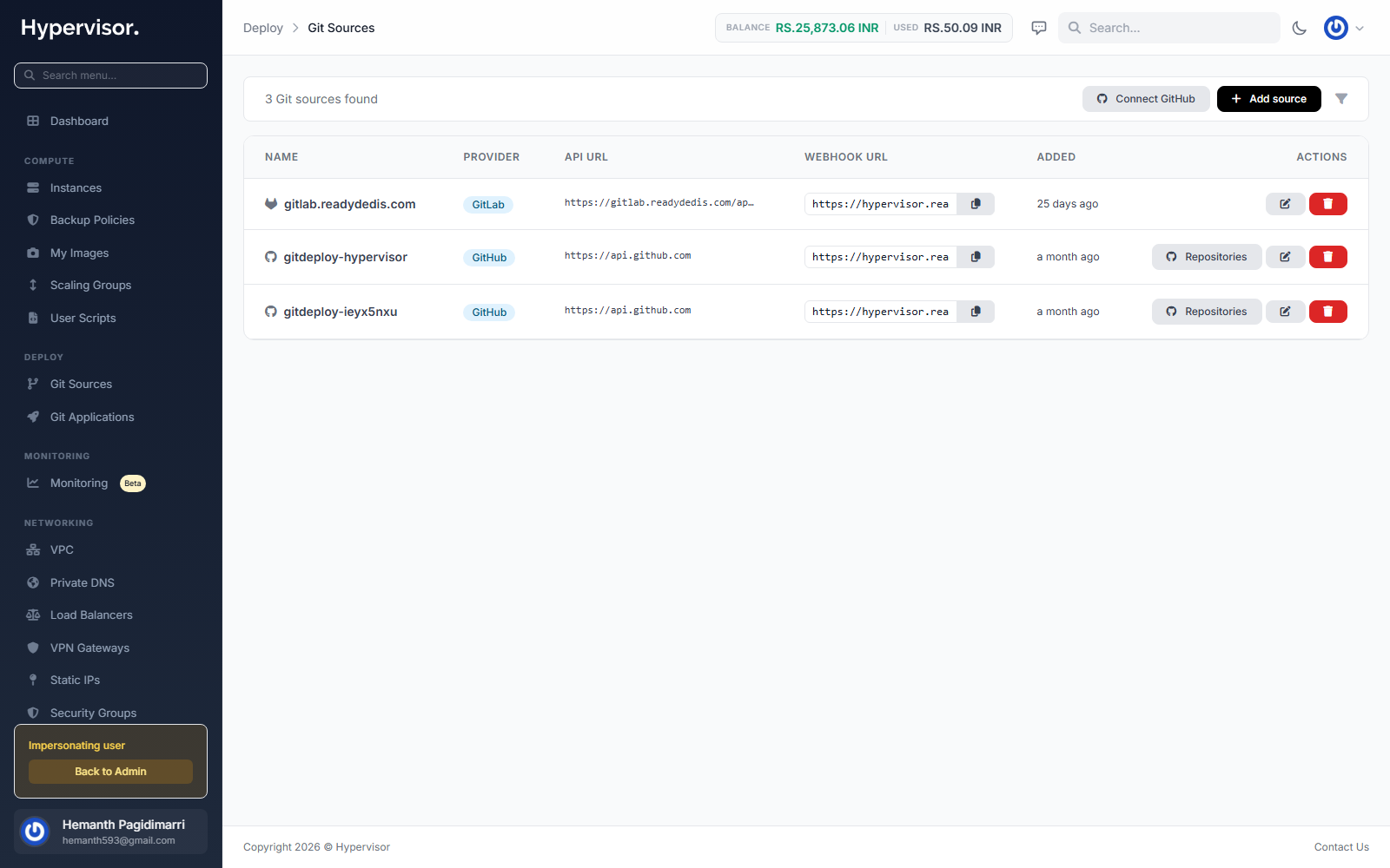User Git Sources list