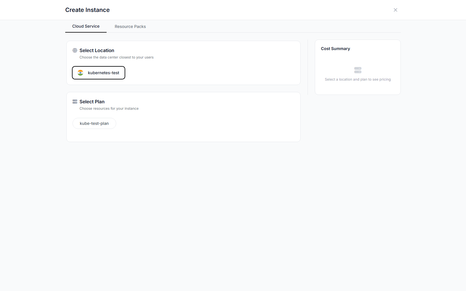 Create Instance panel - plan picker after location selected