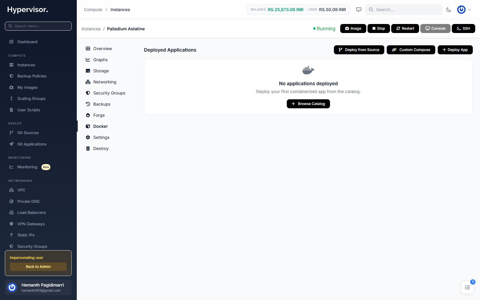 User instance Docker tab