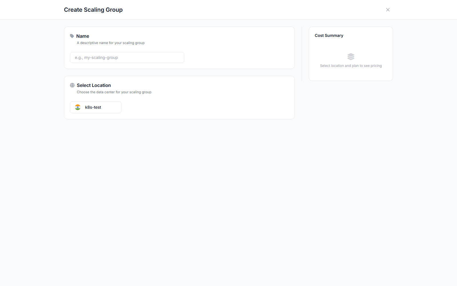 Create scaling group form (end-user view)