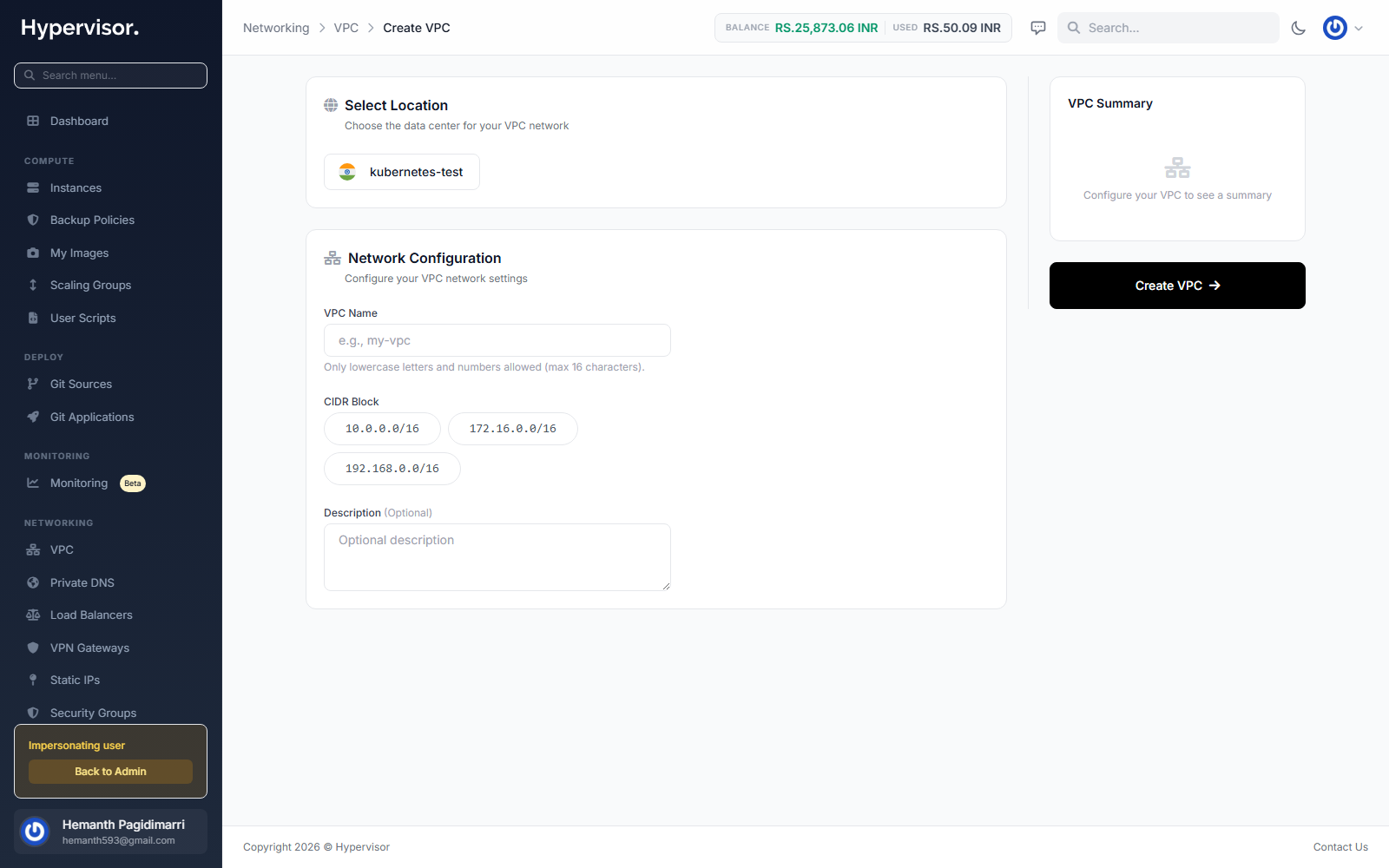 User create VPC form