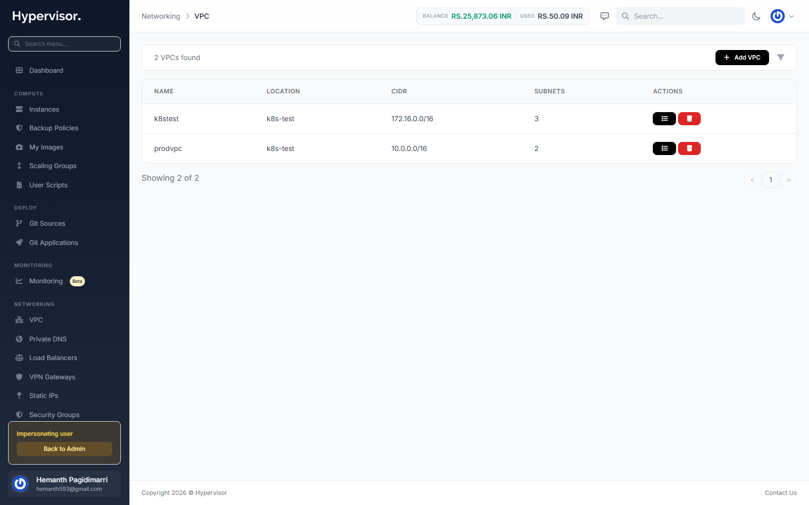User VPC list