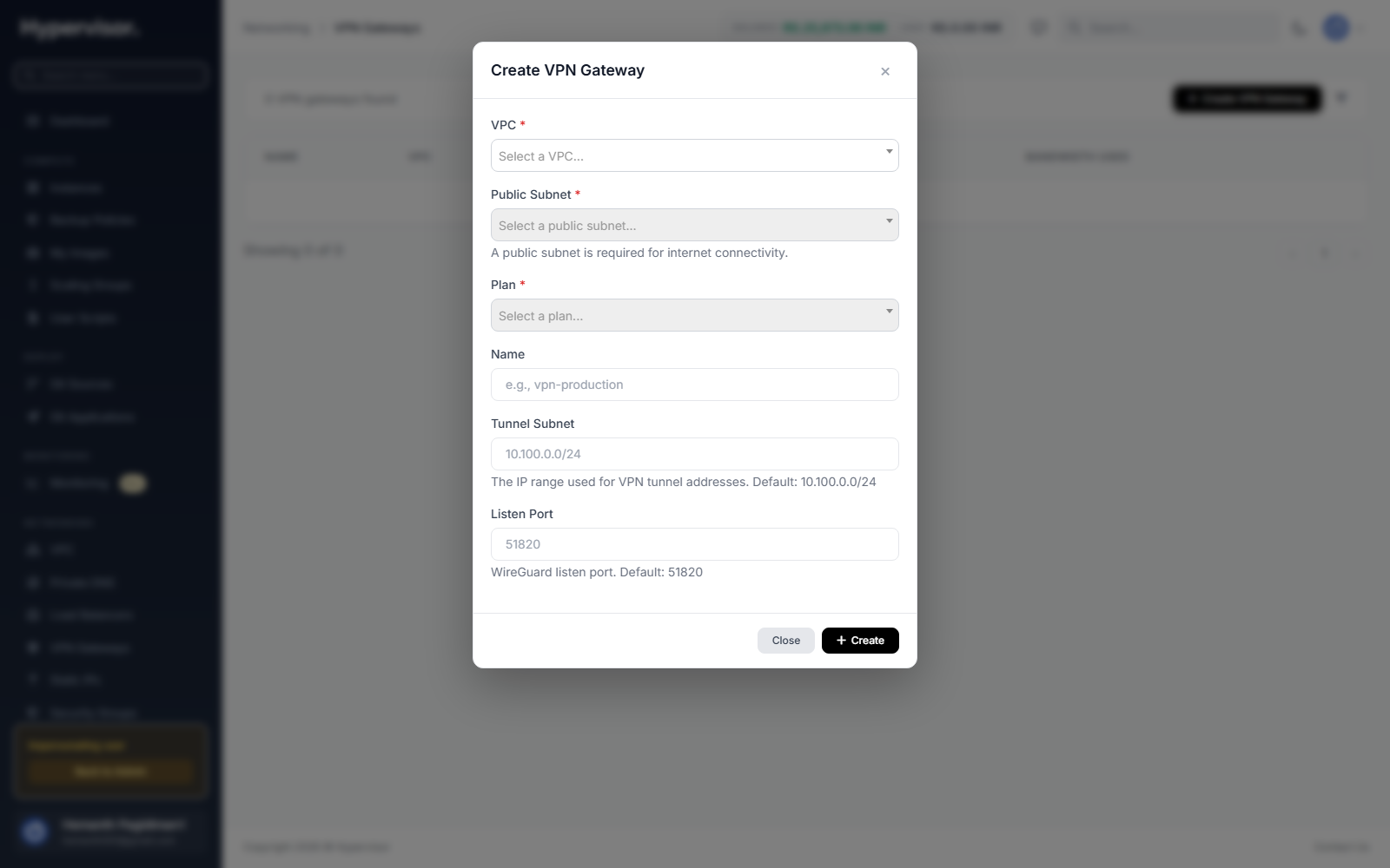 User create VPN gateway form