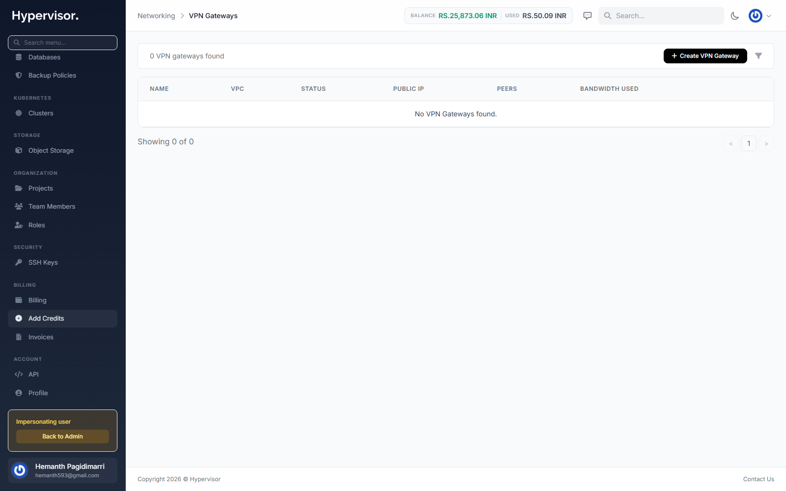 User VPN gateway list